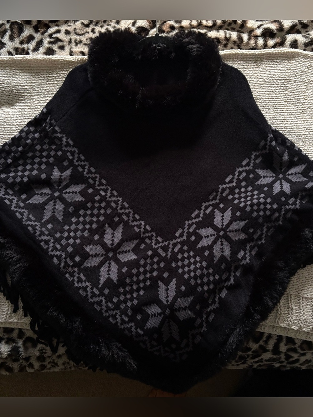 Black Nordic Pattern Faux Fur-Trim Poncho Sweater